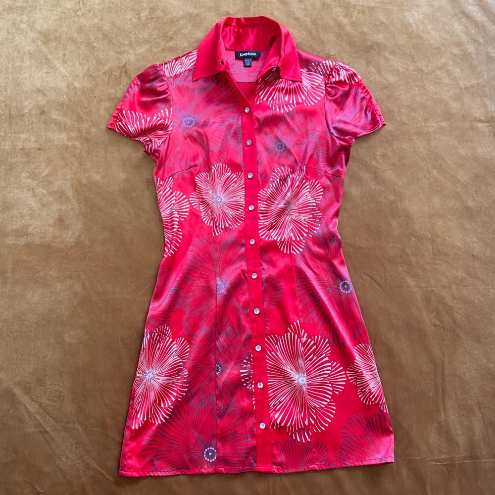 🌺 VINTAGE Y2K SILKY BEBE FLORAL COLLARED MINI DRESS 🌺